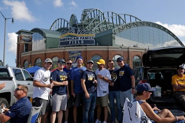 Milwaukee Brewers fans tailgate before Game One of the National League division series between the Atlanta Braves and the Milwaukee Brewers at...