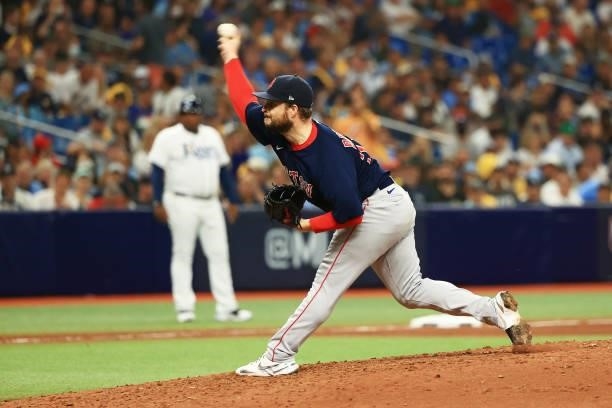 Ryan Brasier of the Boston Red Sox pitches in the seventh inning against the Tampa Bay Rays during Game 2 of the American League Division Series at...