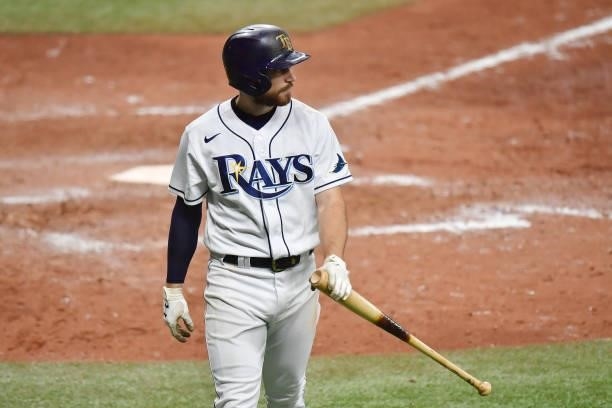 Brandon Lowe of the Tampa Bay Rays reacts after striking out in the eighth inning against the Boston Red Sox during Game 2 of the American League...