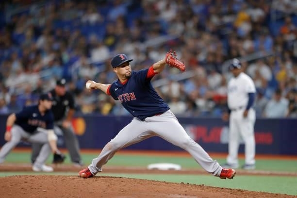 Hansel Robles of the Boston Red Sox pitches in the eighth inning against the Tampa Bay Rays during Game 2 of the American League Division Series at...