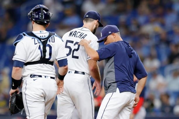 Michael Wacha of the Tampa Bay Rays is removed from the game in the ninth inning against the Boston Red Sox during Game 2 of the American League...