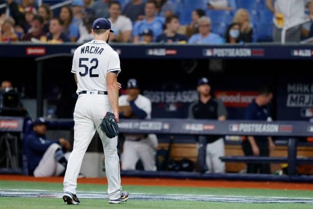 Michael Wacha of the Tampa Bay Rays is removed from the game in the ninth inning against the Boston Red Sox during Game 2 of the American League...