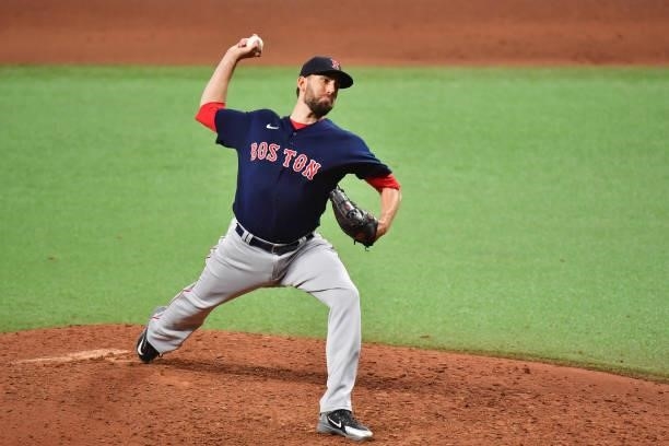 Matt Barnes of the Boston Red Sox pitches in the ninth inning against the Tampa Bay Rays during Game 2 of the American League Division Series at...