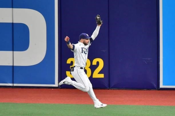 Kevin Kiermaier of the Tampa Bay Rays fields a two RBI single by Enrique Hernandez of the Boston Red Sox in the ninth inning during Game 2 of the...