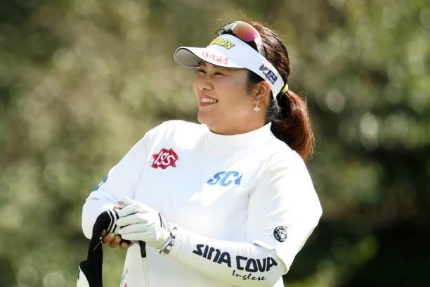 Miki Sakai of Japan smiles on the 2nd tee during the second round of the Stanley Ladies at Tomei Country Club on October 9, 2021 in Susono, Shizuoka,...