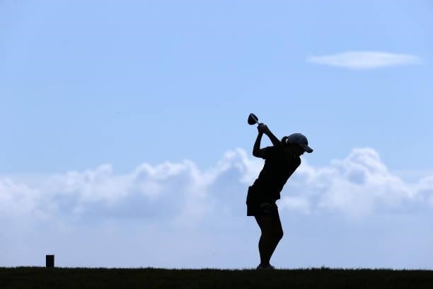 Mika Miyazato of Japan hits her tee shot on the 5th hole during the second round of the Stanley Ladies at Tomei Country Club on October 9, 2021 in...