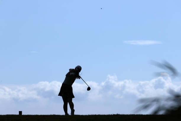 Yuri Yoshida of Japan hits her tee shot on the 5th hole during the second round of the Stanley Ladies at Tomei Country Club on October 9, 2021 in...
