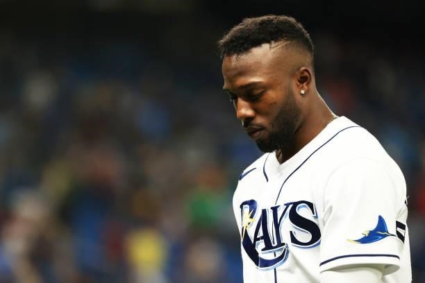 Randy Arozarena of the Tampa Bay Rays reacts to their 14 to 6 loss to the Boston Red Sox during Game 2 of the American League Division Series at...