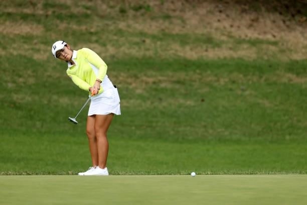 Ayaka Watanabe of Japan attempts a putt on the 4th green during the second round of the Stanley Ladies at Tomei Country Club on October 9, 2021 in...