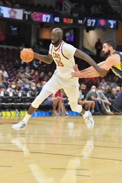 Tacko Fall of the Cleveland Cavaliers drives to the basket during the fourth quarter against the Indiana Pacers at Rocket Mortgage Fieldhouse on...