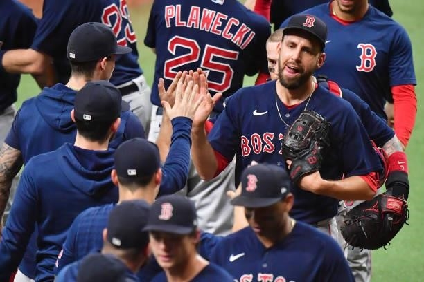 Matt Barnes of the Boston Red Sox celebrates their 14 to 6 win over the Tampa Bay Rays during Game 2 of the American League Division Series at...
