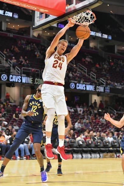 Lauri Markkanen of the Cleveland Cavaliers dunks during the third quarter against the Indiana Pacers at Rocket Mortgage Fieldhouse on October 08,...