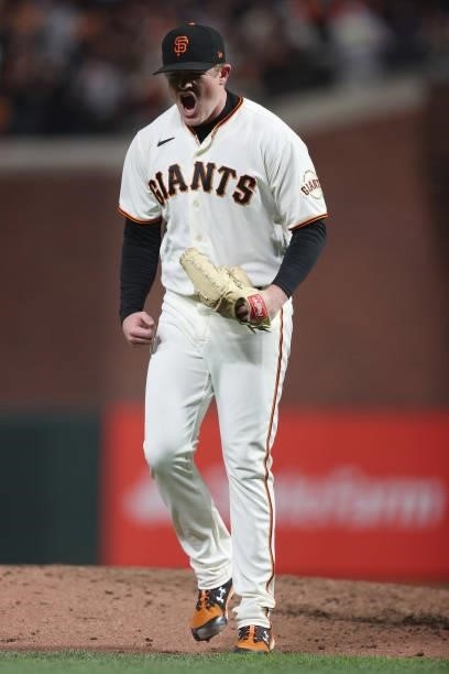 Logan Webb of the San Francisco Giants reacts after striking out Justin Turner of the Los Angeles Dodgers during the sixth inning of Game 1 of the...