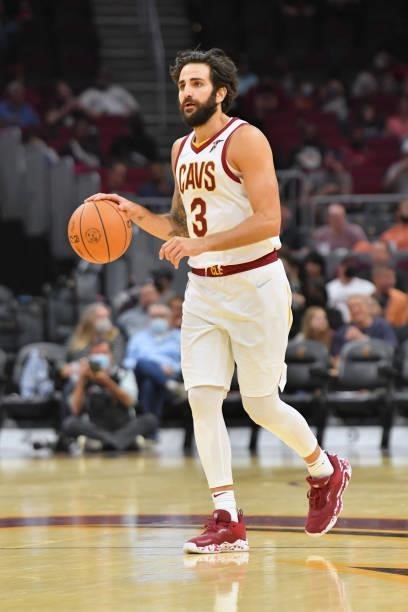 Ricky Rubio of the Cleveland Cavaliers drives to the basket during the third quarter against the Indiana Pacers at Rocket Mortgage Fieldhouse on...