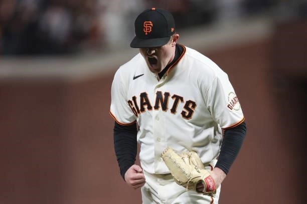 Logan Webb of the San Francisco Giants reacts after striking out Trea Turner of the Los Angeles Dodgers during the sixth inning of Game 1 of the...