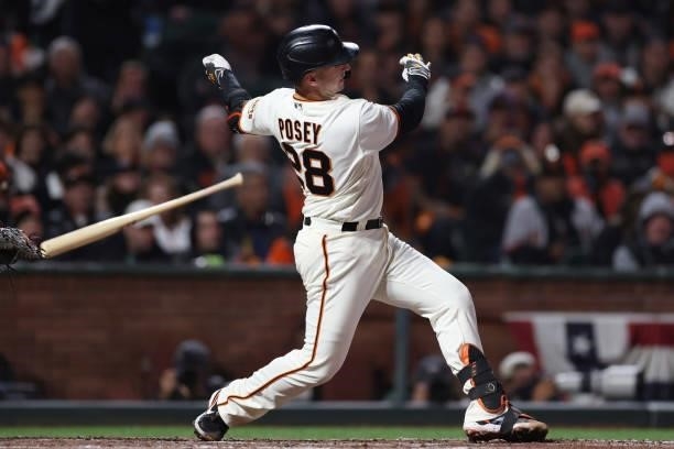 Buster Posey of the San Francisco Giants loses control of his bat as he strikes out against the Los Angeles Dodgers during the sixth inning of Game 1...