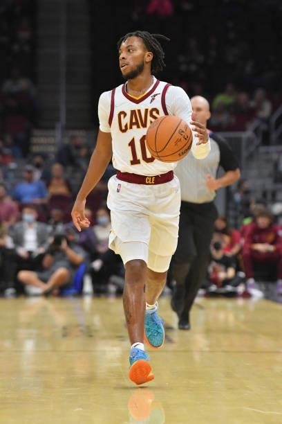 Darius Garland of the Cleveland Cavaliers brings the ball up court during the third quarter against the Indiana Pacers at Rocket Mortgage Fieldhouse...