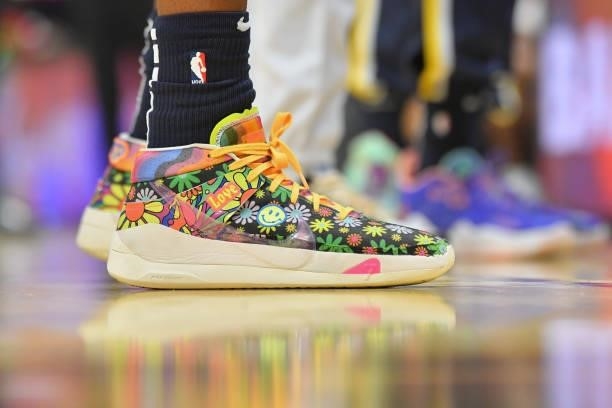 The shoes of Isaiah Jackson of the Indiana Pacers during the second quarter against the Cleveland Cavaliers at Rocket Mortgage Fieldhouse on October...