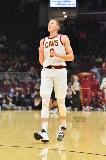 Dylan Windler of the Cleveland Cavaliers reacts after scoring during the second quarter against the Indiana Pacers at Rocket Mortgage Fieldhouse on...