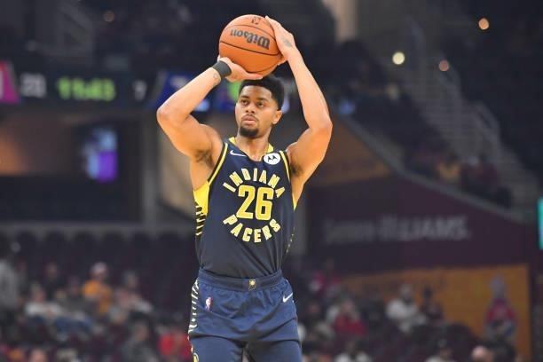 Jeremy Lamb of the Indiana Pacers shoots during the second quarter against the Cleveland Cavaliers at Rocket Mortgage Fieldhouse on October 08, 2021...