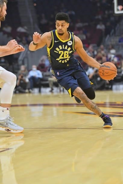 Jeremy Lamb of the Indiana Pacers drives to the basket during the first quarter against the Cleveland Cavaliers at Rocket Mortgage Fieldhouse on...