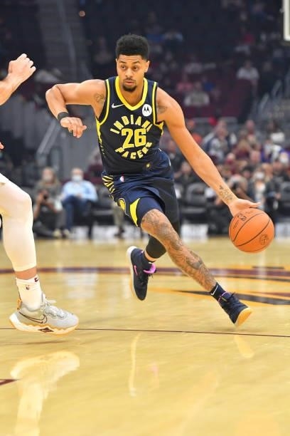 Jeremy Lamb of the Indiana Pacers drives to the basket during the first quarter against the Cleveland Cavaliers at Rocket Mortgage Fieldhouse on...
