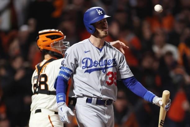 Cody Bellinger of the Los Angeles Dodgers reacts after striking out against the San Francisco Giants during the seventh inning of Game 1 of the...