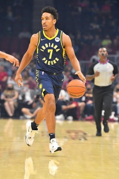 Malcolm Brogdon of the Indiana Pacers brings the ball up court during the first quarter against the Cleveland Cavaliers at Rocket Mortgage Fieldhouse...