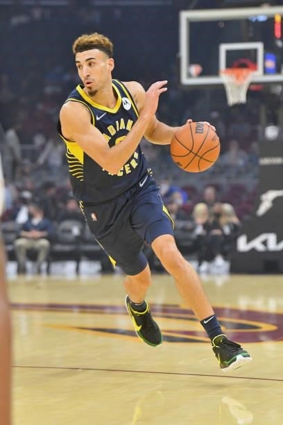 Chris Duarte of the Indiana Pacers drives to the basket during the first quarter against the Cleveland Cavaliers at Rocket Mortgage Fieldhouse on...