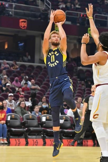 Domantas Sabonis of the Indiana Pacers shoots over Jarrett Allen of the Cleveland Cavaliers during the first quarter at Rocket Mortgage Fieldhouse on...
