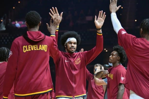 Jarrett Allen of the Cleveland Cavaliers celebrates with teammates during player introductions prior to the game against the Indiana Pacers at Rocket...