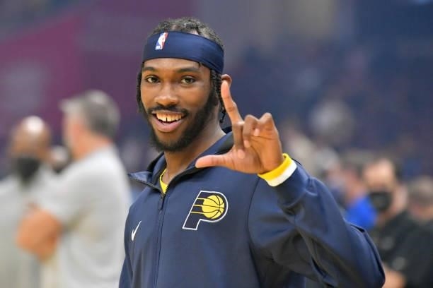 DeJon Jarreau of the Indiana Pacers celebrates prior to the game against the Cleveland Cavaliers at Rocket Mortgage Fieldhouse on October 08, 2021 in...