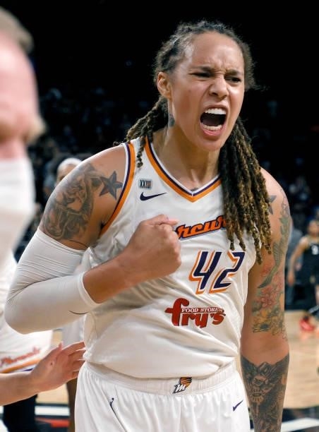 Brittney Griner of the Phoenix Mercury celebrates after the team defeated the Las Vegas Aces 87-84 in Game Five of the 2021 WNBA Playoffs semifinals...