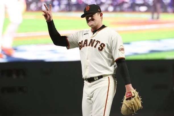 Logan Webb of the San Francisco Giants acknowledges the crowd as he is taken out of the game against the Los Angeles Dodgers during the eighth inning...