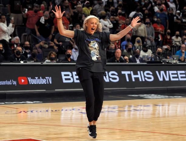 Sophie Cunningham of the Phoenix Mercury celebrates after the team defeated the Las Vegas Aces 87-84 in Game Five of the 2021 WNBA Playoffs...