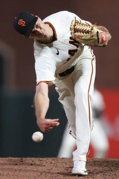 Tyler Rogers of the San Francisco Giants delivers a pitch against the Los Angeles Dodgers during the eighth inning of Game 1 of the National League...