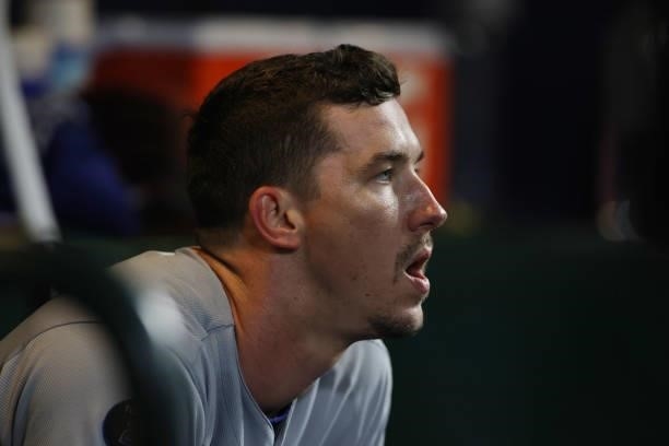 Walker Buehler of the Los Angeles Dodgers reacts in the dugout against the San Francisco Giants during the eighth inning of Game 1 of the National...