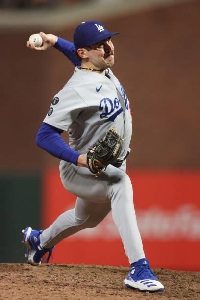 Alex Vesia of the Los Angeles Dodgers delivers a pitch against the San Francisco Giants during the eighth inning of Game 1 of the National League...