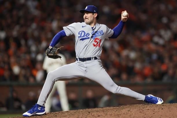 Alex Vesia of the Los Angeles Dodgers delivers a pitch against the San Francisco Giants during the eighth inning of Game 1 of the National League...