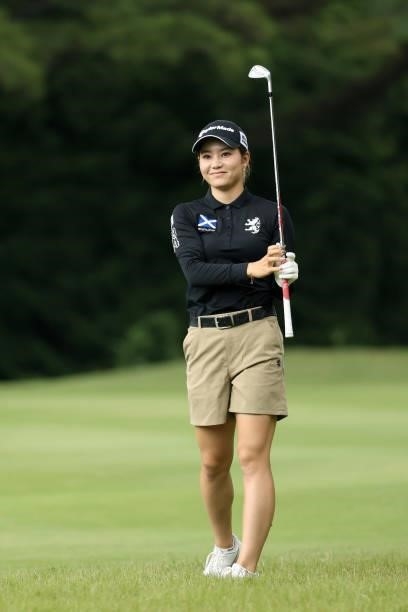 Akira Yamaji of Japan hits her second shot on the 5th hole during the second round of the Stanley Ladies at Tomei Country Club on October 9, 2021 in...