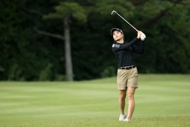 Akira Yamaji of Japan hits her second shot on the 5th hole during the second round of the Stanley Ladies at Tomei Country Club on October 9, 2021 in...