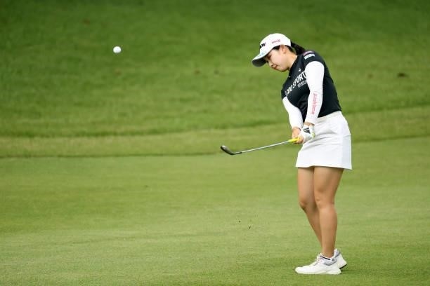 Sakura Koiwai of Japan hits her third shot on the 5th hole during the second round of the Stanley Ladies at Tomei Country Club on October 9, 2021 in...
