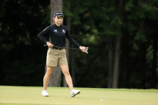 Akira Yamaji of Japan lines up a putt on the 5th green during the second round of the Stanley Ladies at Tomei Country Club on October 9, 2021 in...