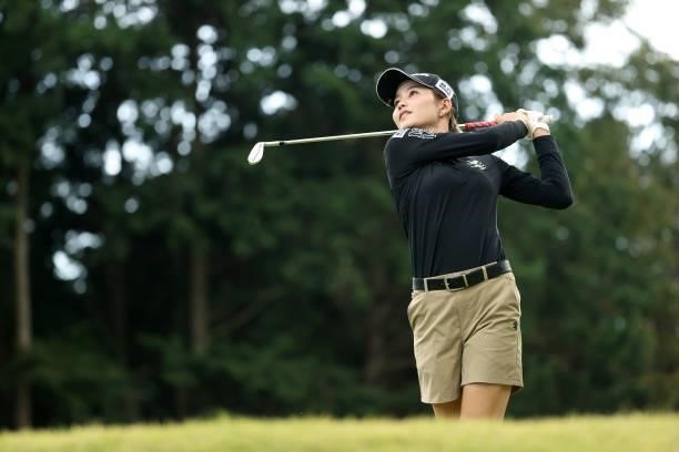 Akira Yamaji of Japan hits her tee shot on the 6th hole during the second round of the Stanley Ladies at Tomei Country Club on October 9, 2021 in...
