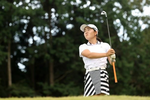 Amateur Miyu Sato of Japan hits her tee shot on the 6th hole during the second round of the Stanley Ladies at Tomei Country Club on October 9, 2021...