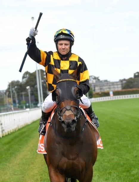 Brett Prebble riding Probabeel after winning in race 6, the Neds Might And Power, during Melbourne Racing at Caulfield Racecourse on October 09, 2021...