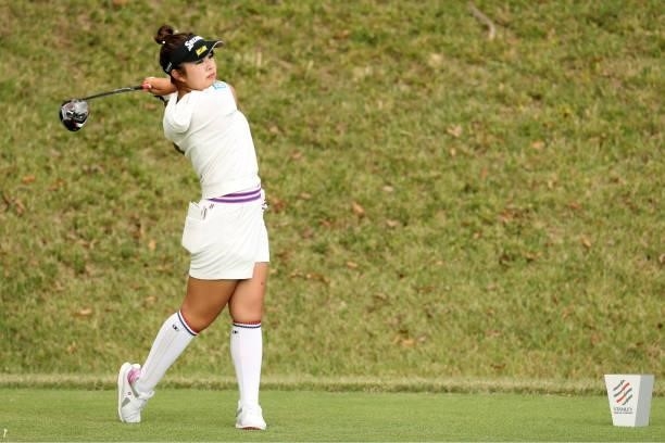 Miyuu Yamashita of Japan hits her tee shot on the 7th hole during the second round of the Stanley Ladies at Tomei Country Club on October 9, 2021 in...