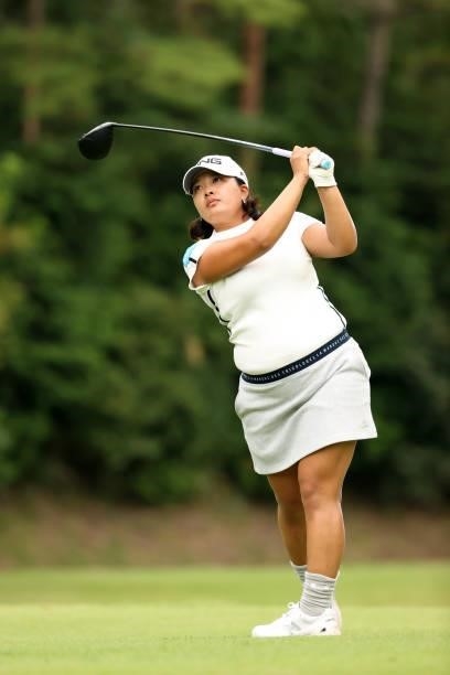 Ai Suzuki of Japan hits her tee shot on the 3rd hole during the second round of the Stanley Ladies at Tomei Country Club on October 9, 2021 in...