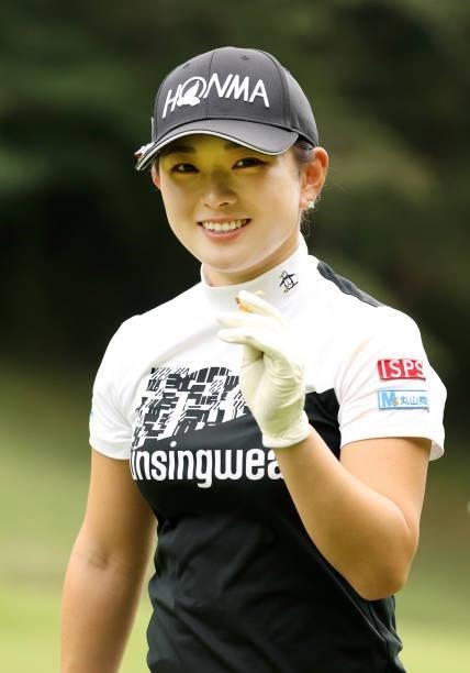 Momo Yoshikawa of Japan smiles on the 3rd hole during the second round of the Stanley Ladies at Tomei Country Club on October 9, 2021 in Susono,...