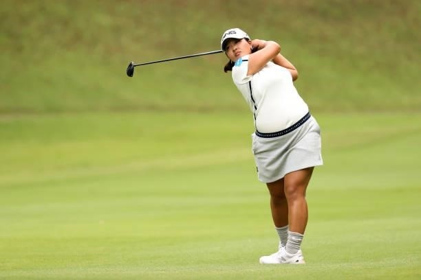 Ai Suzuki of Japan hits her second shot on the 3rd hole during the second round of the Stanley Ladies at Tomei Country Club on October 9, 2021 in...